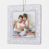 Snowflake Photo Lijst Baby Birth Stats Lavender Keramisch Ornament (Links)