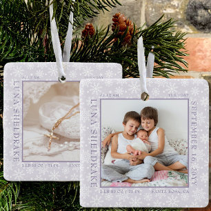 Snowflake Photo Lijst Baby Birth Stats Lavender Keramisch Ornament