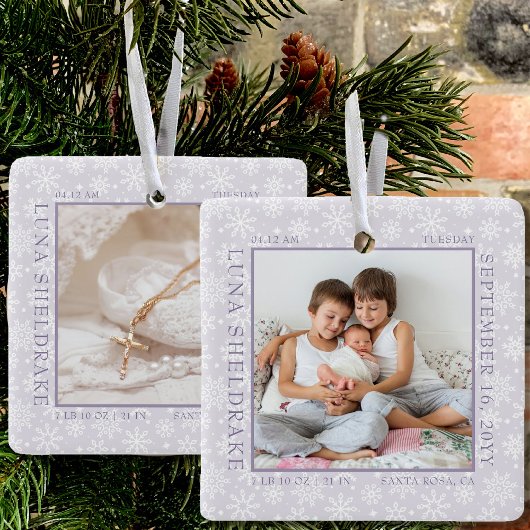 Snowflake Photo Lijst Baby Birth Stats Lavender Keramisch Ornament