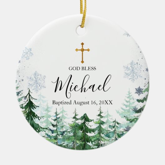 Snowflake Pine Tree Forest Baptisme God Bless Keramisch Ornament (Voorkant)