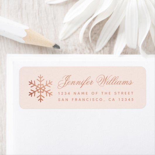 Snowflake Pink & Rose Gold Elegant Script Holidays Etiket (Insitu)
