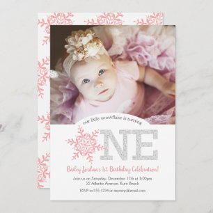 Snowflake Pink Silver Glitter 1st Birthday Foto Kaart