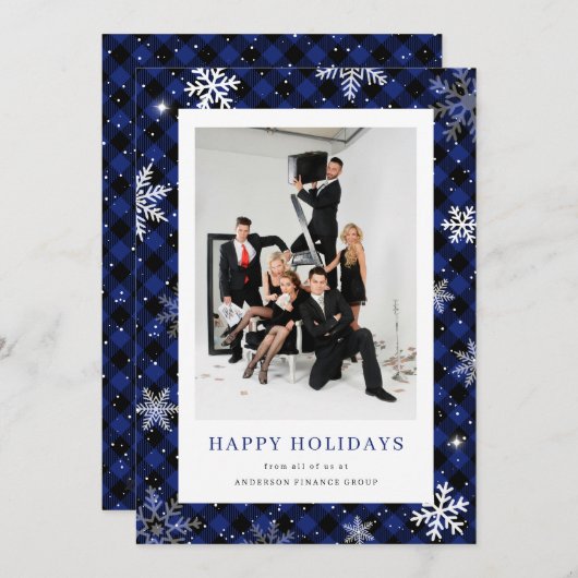 Snowflake Plaid Blauwe Foto Bedrijfsleven Feestdagenkaart (Voorkant / Achterkant)
