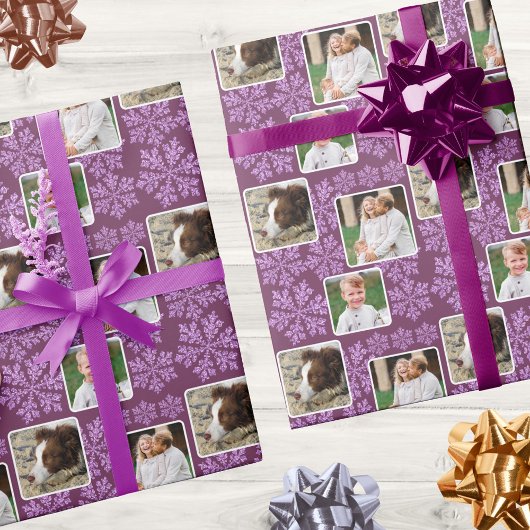 Snowflake Plum Bling 3 Foto Collage Kerstmis Cadeaupapier