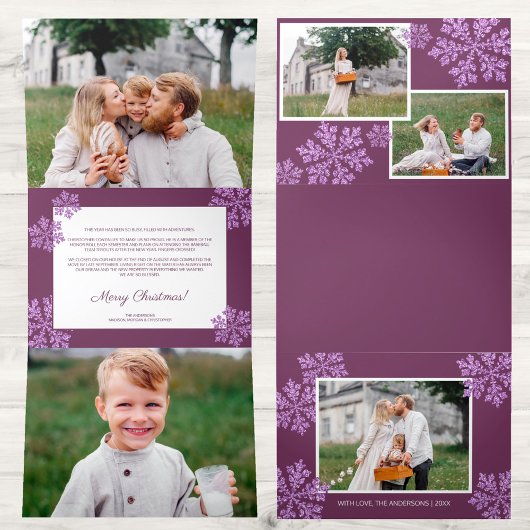 Snowflake Plum Bling Elegant 5 Fotocollage Drieluik Wenskaart