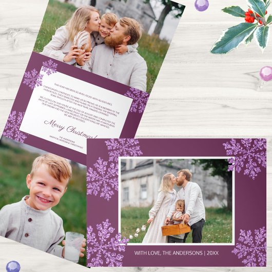 Snowflake Plum Bling Elegant 5 Fotocollage Drieluik Wenskaart