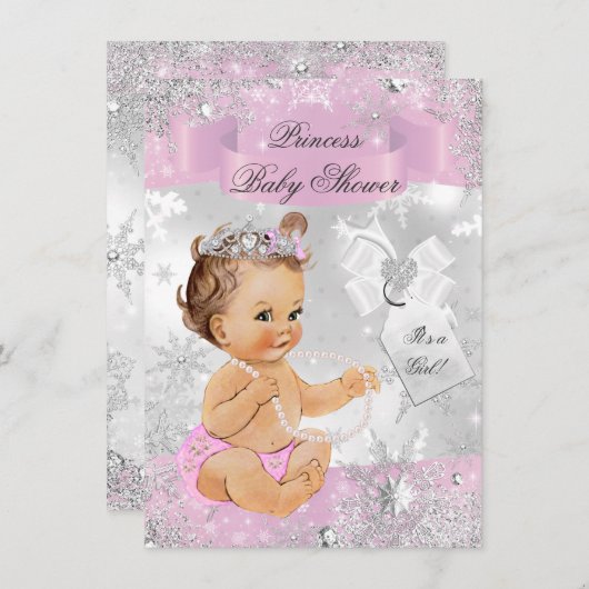  Snowflake Princess Pink Baby shower Invite Kaart (Voorkant / Achterkant)