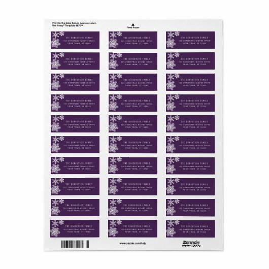 Snowflake Purple Christmas Holiday Return Address Etiket (Full Sheet)