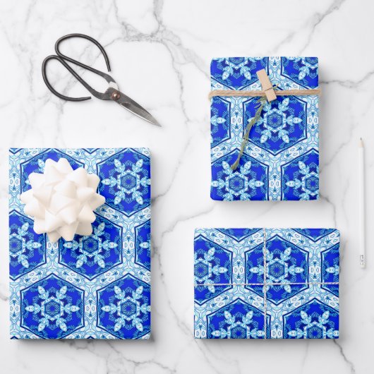 Snowflake Quit Pattern - Cobalt Blue en White Inpakpapier Vel (Voorkant)