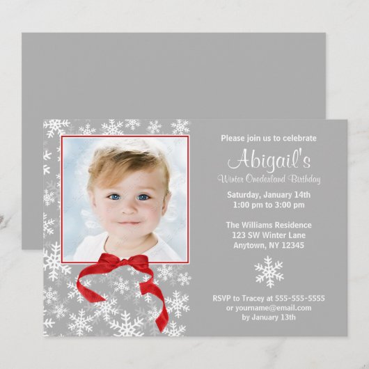 Snowflake Red Bow Winter Onederland Fotodag Kaart (Voorkant / Achterkant)