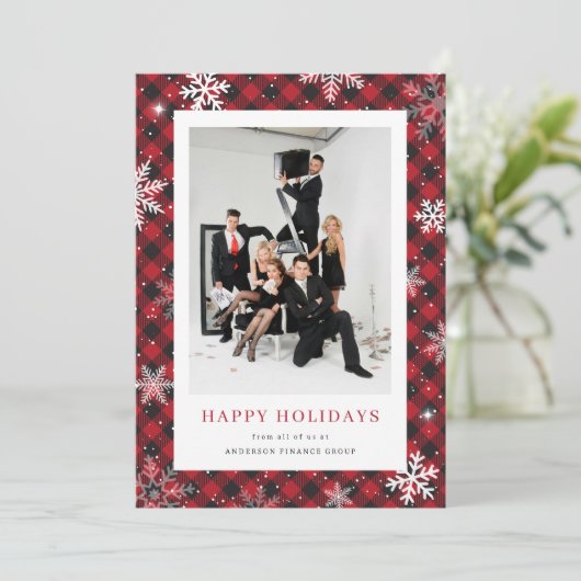 Snowflake Red Buffalo Plaid Fotobedrijf Feestdagenkaart (Staand voorkant)