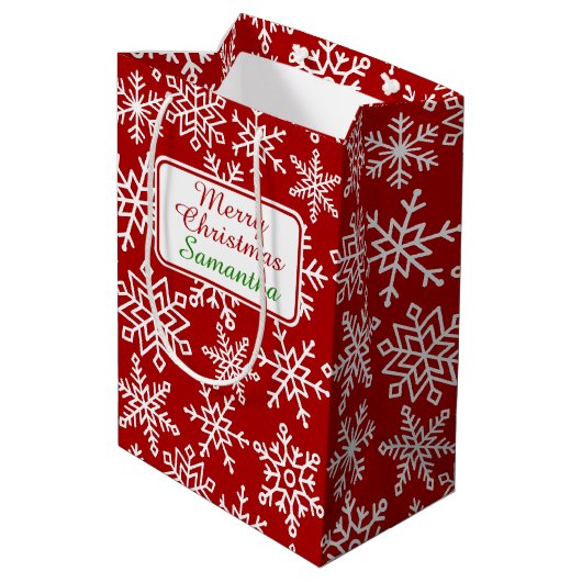 Snowflake Red Kerstmis Medium Cadeauzakje (Achterkant Gekanteld)