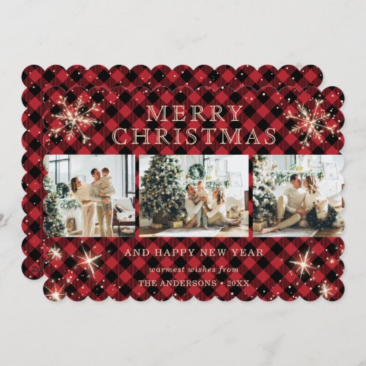 Snowflake Red Plaid Fotocollage Feestdagenkaart (Voorkant / Achterkant)