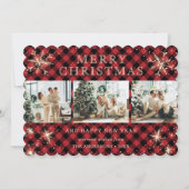 Snowflake Red Plaid Fotocollage Feestdagenkaart (Voorkant)