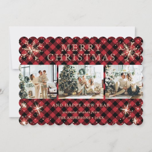 Snowflake Red Plaid Fotocollage Feestdagenkaart (Voorkant)