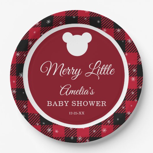 Snowflake Red Plaid Merry Little Baby Shower Papieren Bordje (Voorkant)