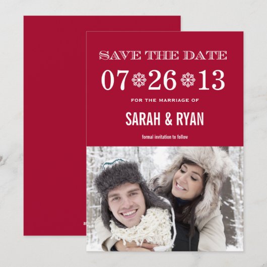 Snowflake Red Save the Date Photo Invitations (Voorkant / Achterkant)