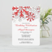 Snowflake Red Silver Winter Birthday Invitations Kaart (Staand voorkant)