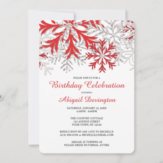 Snowflake Red Silver Winter Birthday Invitations Kaart (Voorkant)
