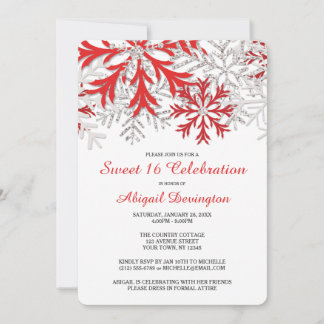 Snowflake Red Silver Winter Sweet 16 Uitnodigingen