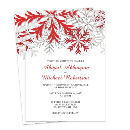 Snowflake Red Silver Winter Wedding Invitations Kaart