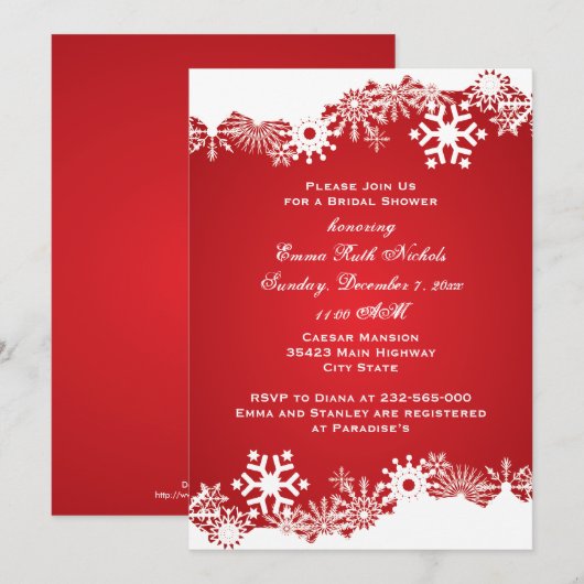 Snowflake red white winter bruiloft vrijgezellenfe kaart (Voorkant / Achterkant)