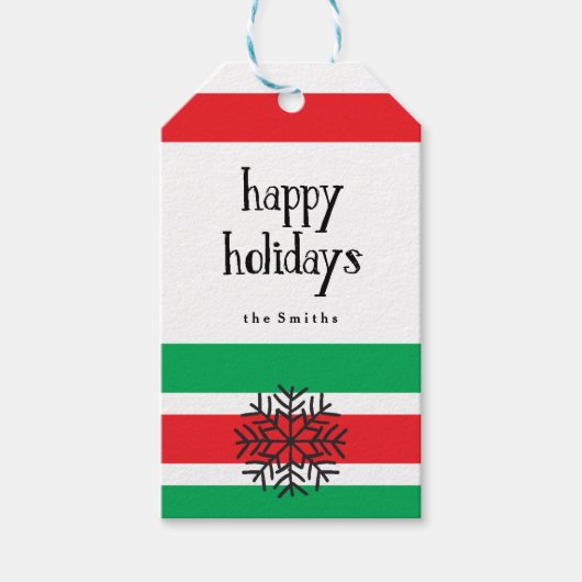 Snowflake, rode en groene feeststapes cadeaulabel (Voorkant)