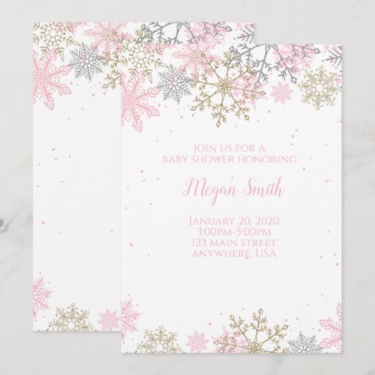 Snowflake Roze en Glitter Winter Baby shower Kaart (Voorkant / Achterkant)