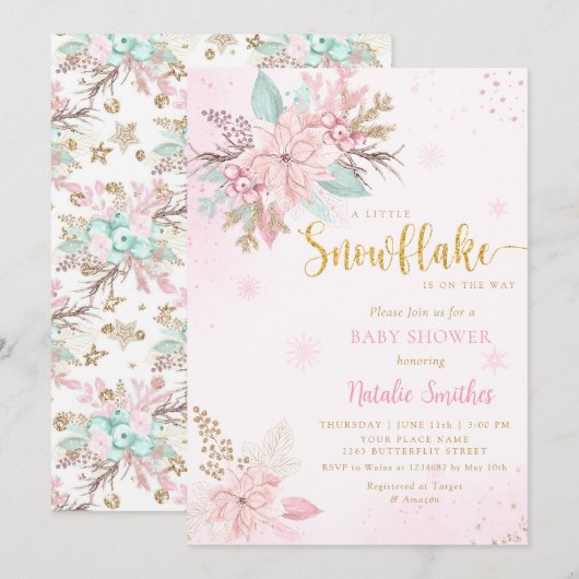 Snowflake Roze en Glitter Winter Baby shower Kaart (Voorkant / Achterkant)