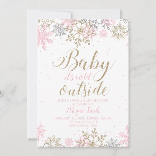 Snowflake Roze en Glitter Winter Baby shower Kaart (Voorkant)