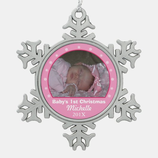 Snowflake Roze fotoversiering Tin Sneeuwvlok Ornament (Voorkant)
