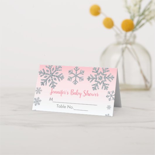 Snowflake Roze & Silver Winter Baby shower Plaatskaartje (Voorkant)