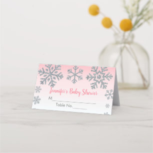 Snowflake Roze & Silver Winter Baby shower Plaatskaartje