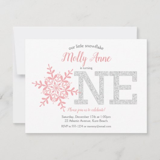 Snowflake roze zilver Glitter Winter 1ste verjaard Kaart (Voorkant)