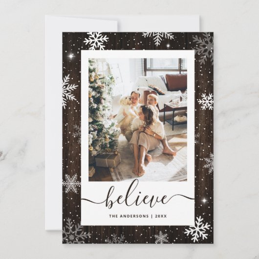 Snowflake Rustic Wood Foto Geloven Feestdagenkaart (Voorkant)