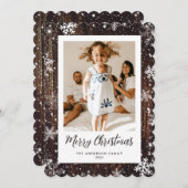 Snowflake Rustic Wood Foto Vrolijke Kerst Kaart (Voorkant / Achterkant)