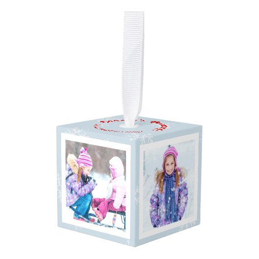 Snowflake Season's Greetings Foto Cube Kubus Ornament (Voorkant hoekig)