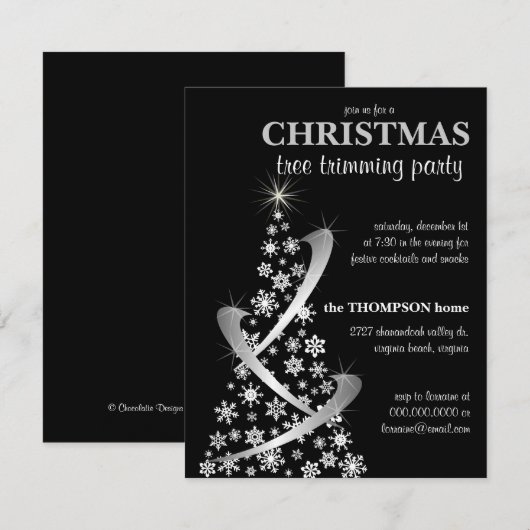 Snowflake & Silver Ribbon-kerstboom uitnodigen Kaart (Voorkant / Achterkant)