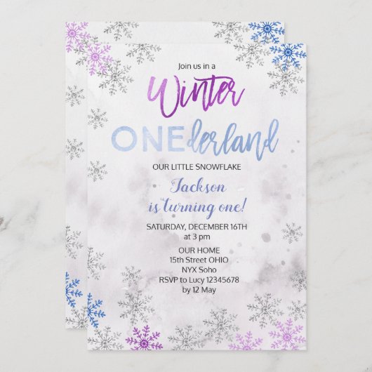 Snowflake Snow Onederland First Birthday Invite Kaart (Voorkant / Achterkant)