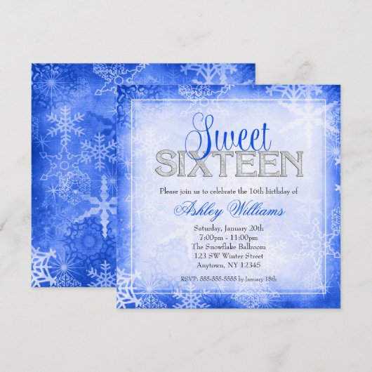 Snowflake Sparkle Blue Winter Wonderland Sweet 16 Kaart (Voorkant / Achterkant)