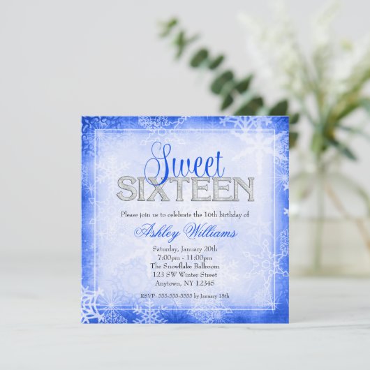 Snowflake Sparkle Blue Winter Wonderland Sweet 16 Kaart (Staand voorkant)