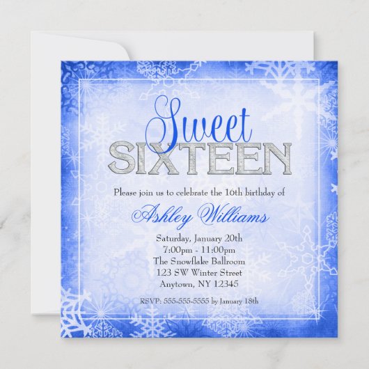 Snowflake Sparkle Blue Winter Wonderland Sweet 16 Kaart (Voorkant)