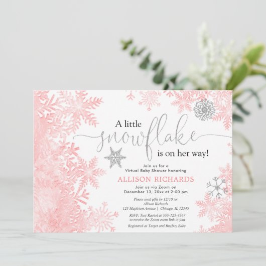 Snowflake Virtuele baby shower roze zilver Kaart (Staand voorkant)