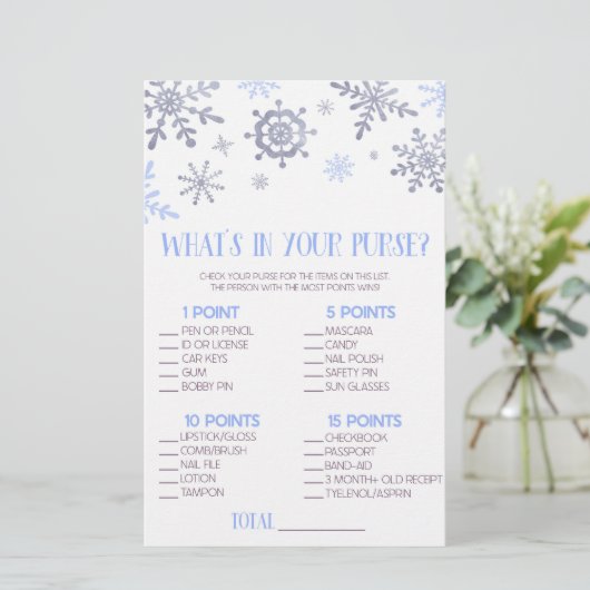 Snowflake Wat zit er in Purse Baby shower Game Briefpapier (Staand voorkant)