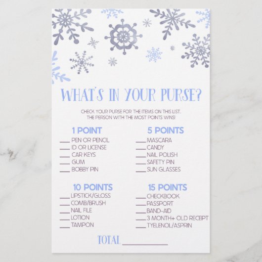 Snowflake Wat zit er in Purse Baby shower Game Briefpapier (Voorkant)