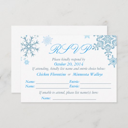 Snowflake Wedding RSVP-kaart (Malibu Silver) RSVP Kaartje (Voorkant / Achterkant)