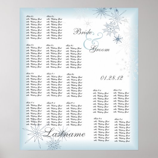 Snowflake Wedding Seating Chart Ice Blue Poster (Voorkant)