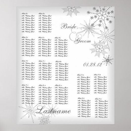 Snowflake Wedding Seating Chart Silver Grey Poster (Voorkant)