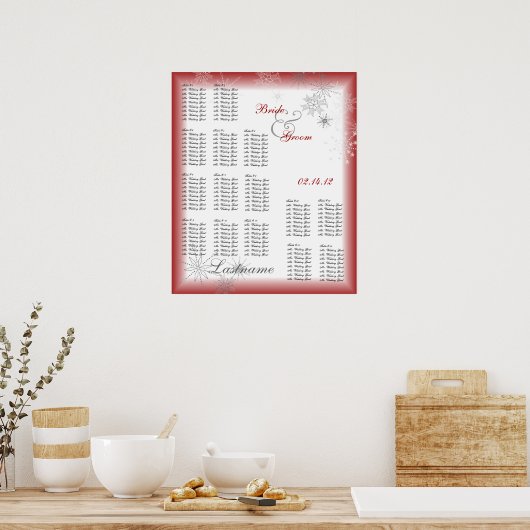 Snowflake Wedding Seding Chart Red Poster (Keuken)