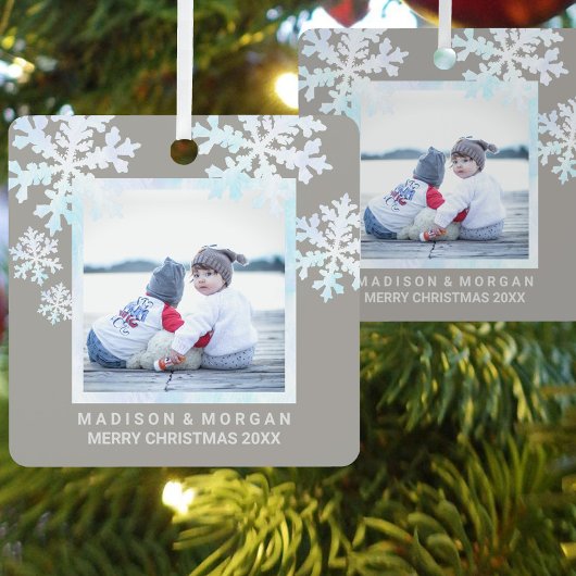 Snowflake White Opal Stylish Double Sided Photo Metalen Ornament